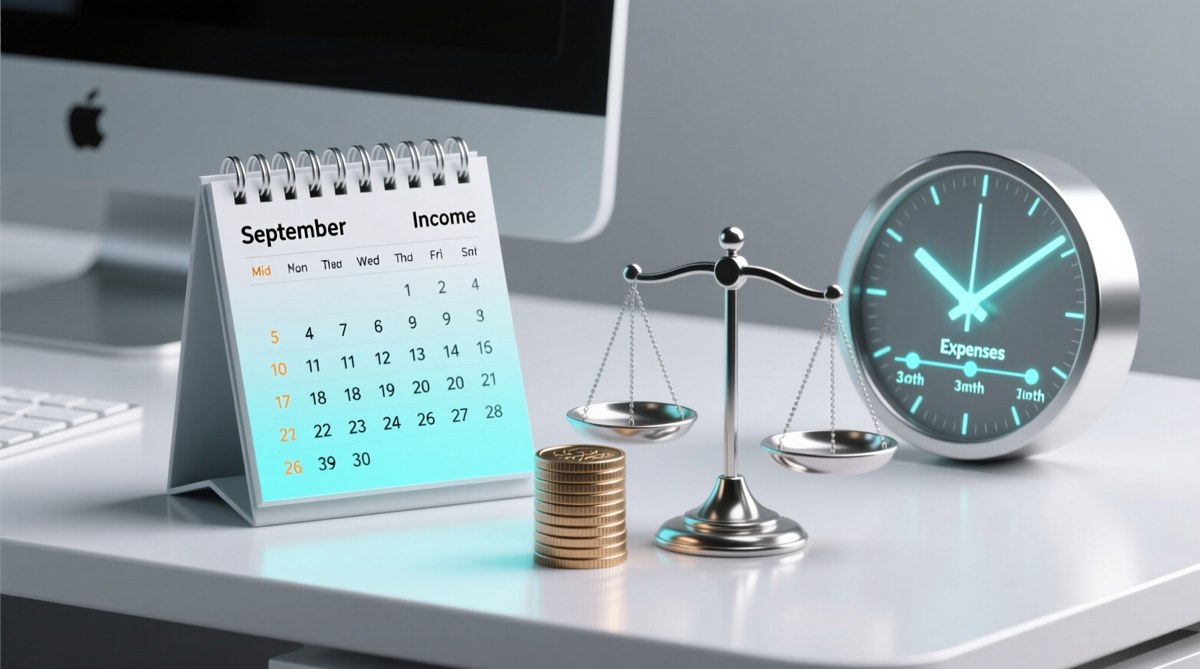 9월 달력과 분할납부 3개월 연장을 상징하는 시계와 저울 일러스트