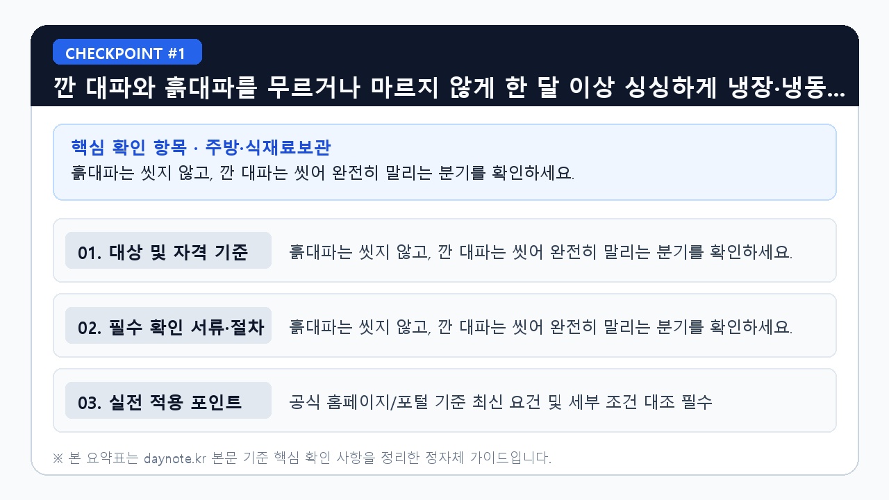 깐 대파와 흙대파를 무르거나 마르지 않게 한 달 이 - 흙대파는 씻지 않고, 깐 대파는 씻어 완전히 말리는 분기를 확인하세요. (핵심 기준 비교 요약표 1)