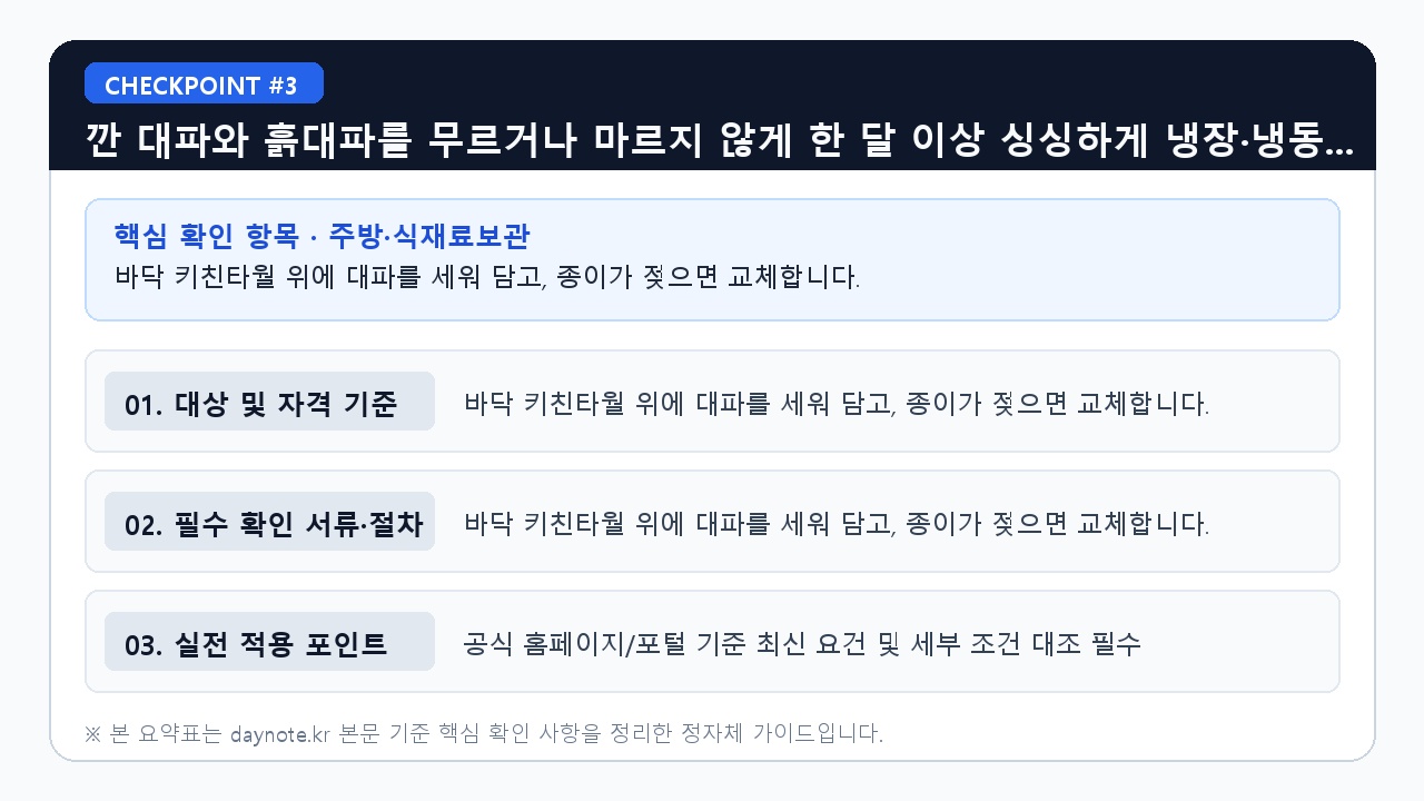 깐 대파와 흙대파를 무르거나 마르지 않게 한 달 이 - 바닥 키친타월 위에 대파를 세워 담고, 종이가 젖으면 교체합니다. (핵심 기준 비교 요약표 3)