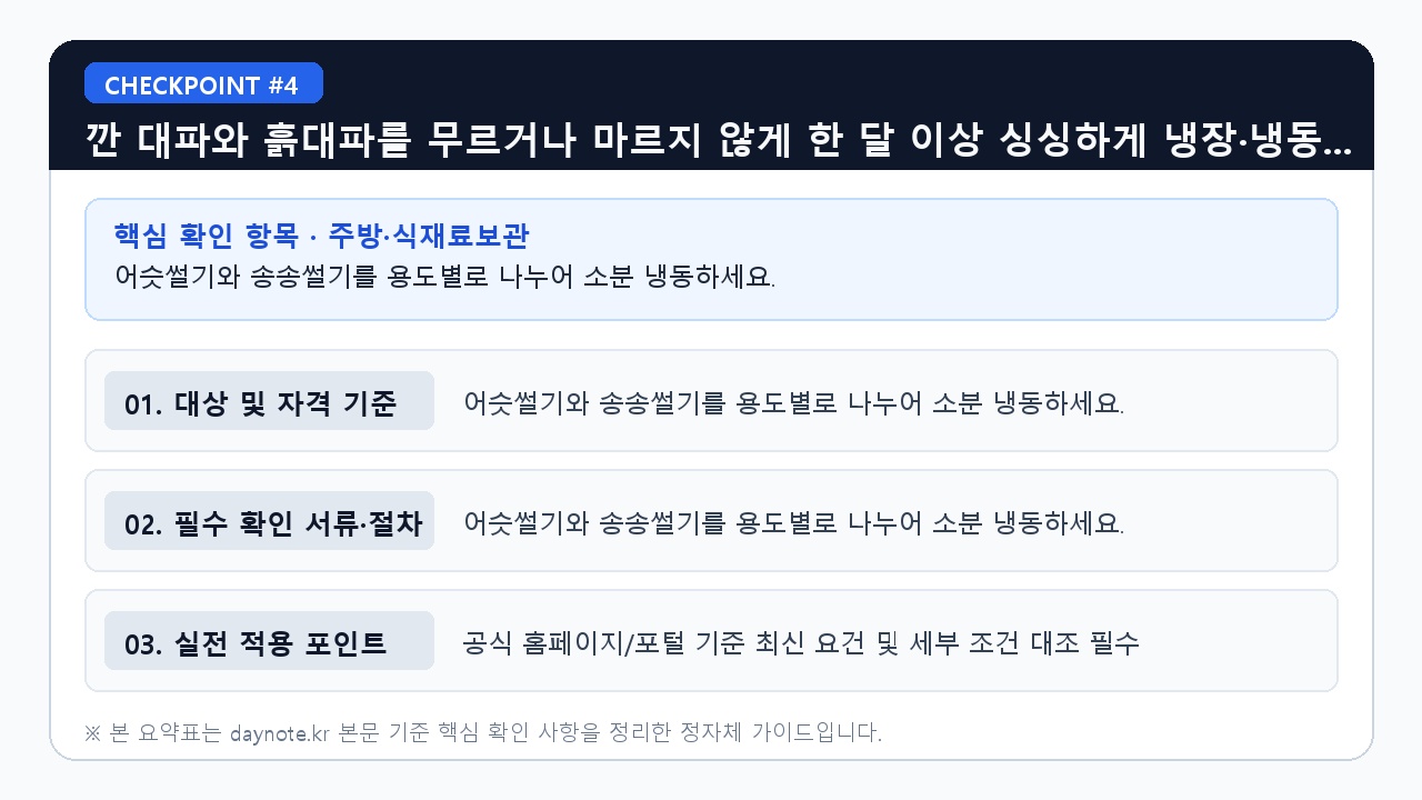 깐 대파와 흙대파를 무르거나 마르지 않게 한 달 이 - 어슷썰기와 송송썰기를 용도별로 나누어 소분 냉동하세요. (핵심 기준 비교 요약표 4)